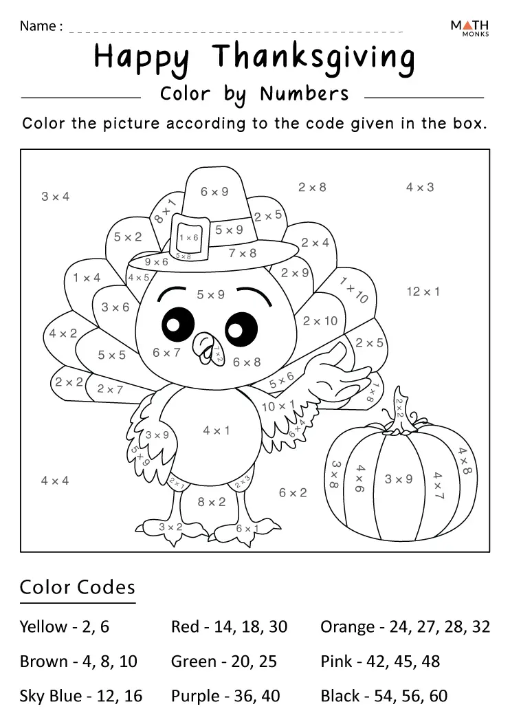 Thanksgiving Multiplication Coloring Worksheets Grade 3