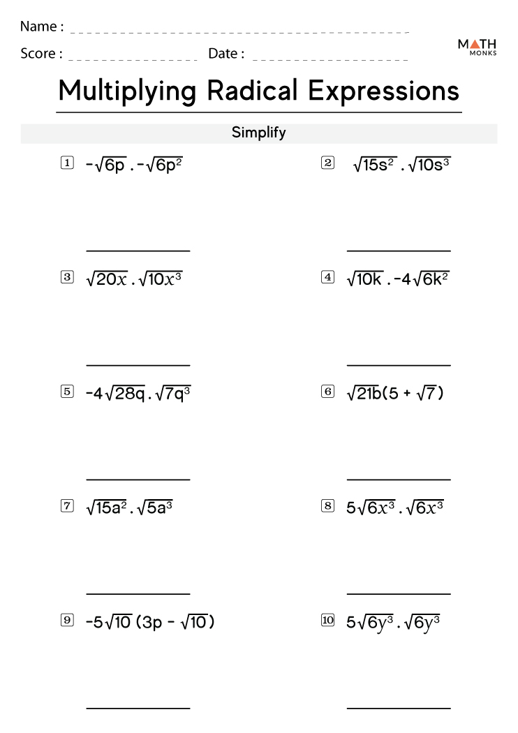 Multiplying Radicals Worksheet