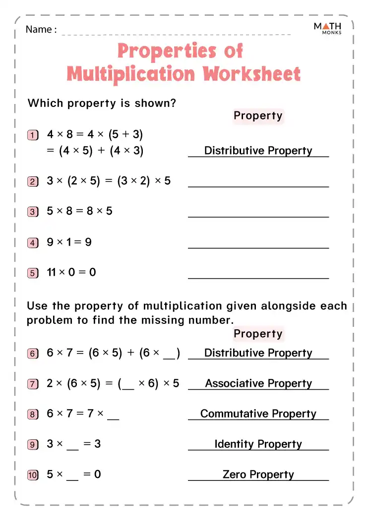 Properties Of Multiplication Worksheets Math Monks