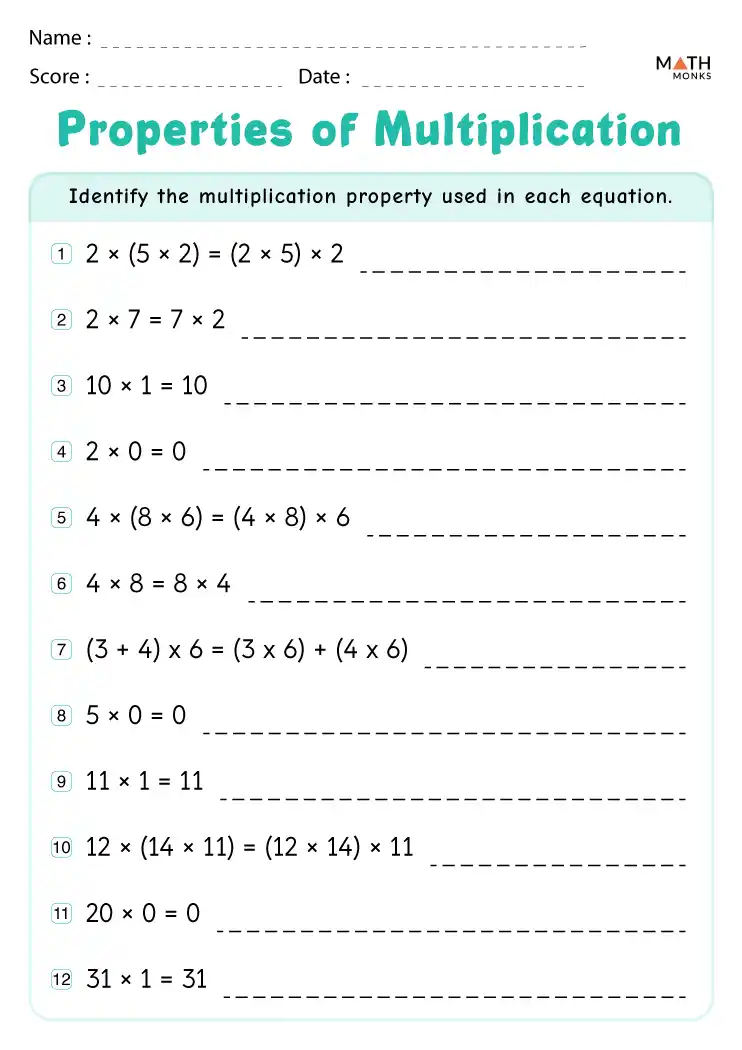  Properties Of Multiplication Worksheets Math Monks