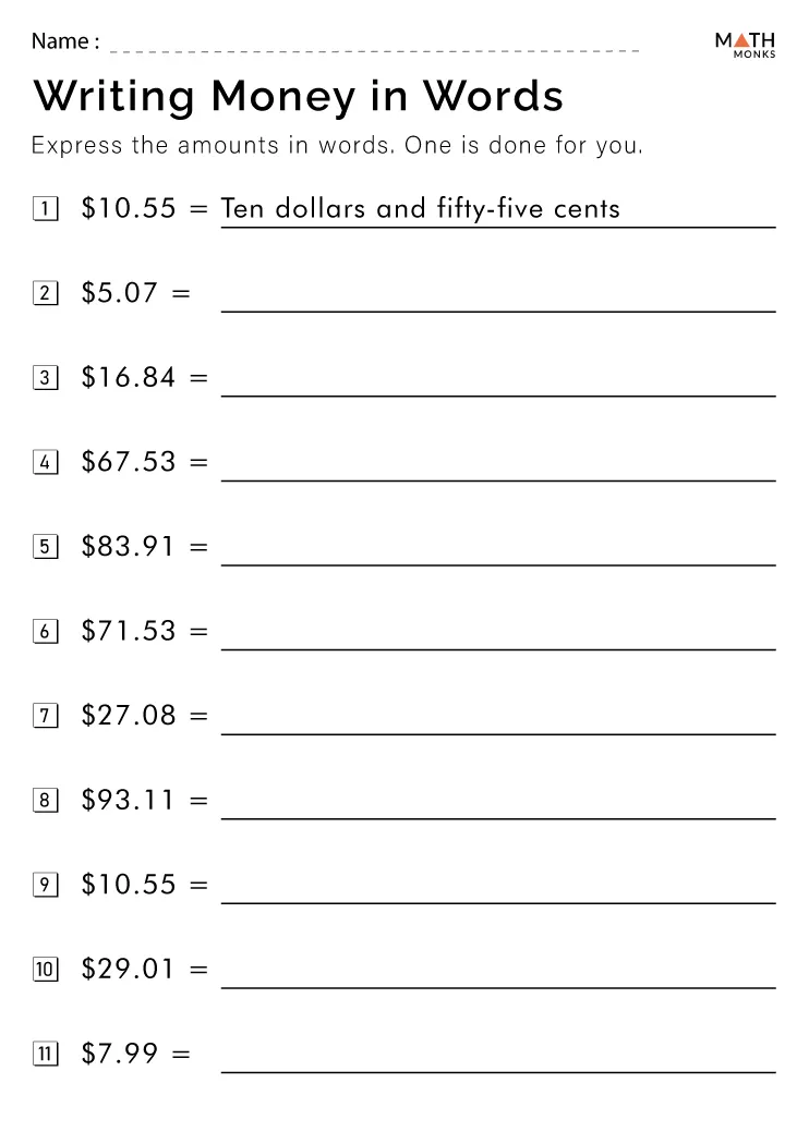 money math worksheets
