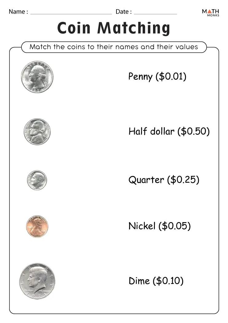 Coin Matching Worksheets - Math Monks