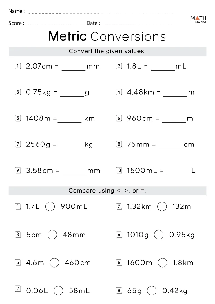 Metric Conversion Worksheets Math Monks