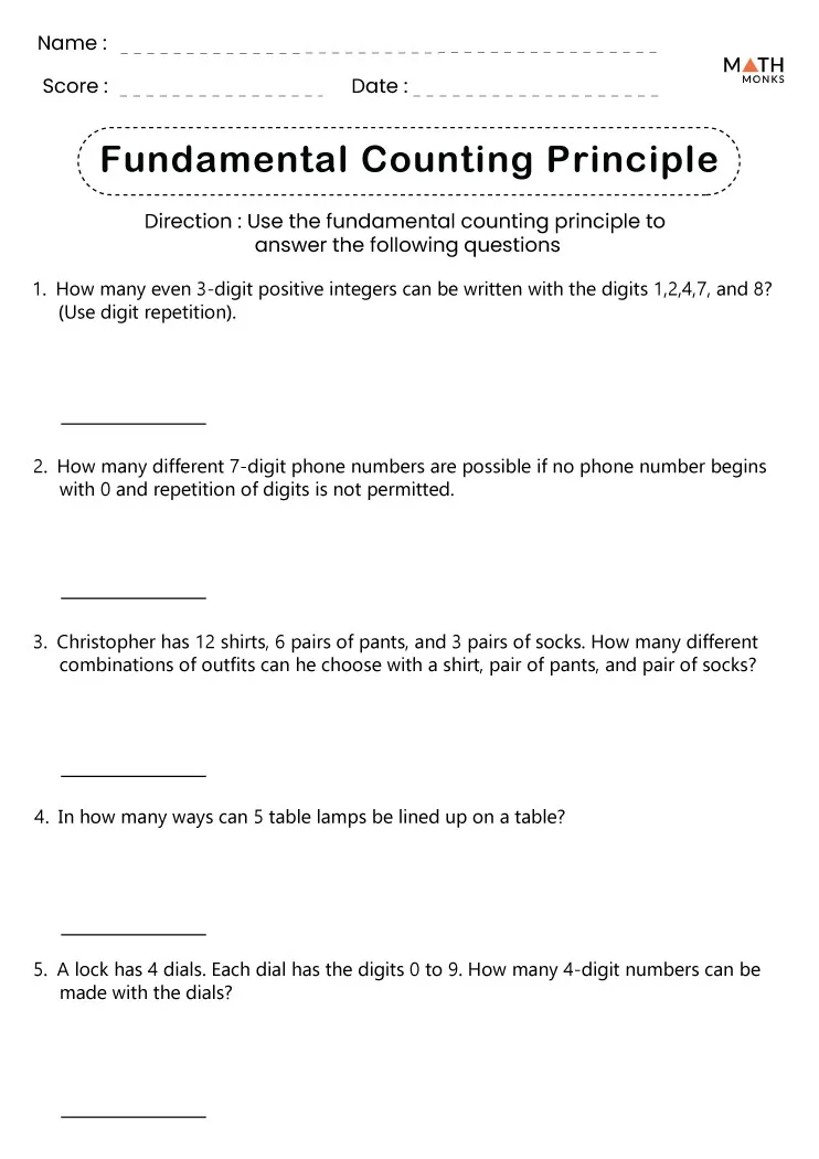 Fundamental Counting Principle Worksheets Math Monks