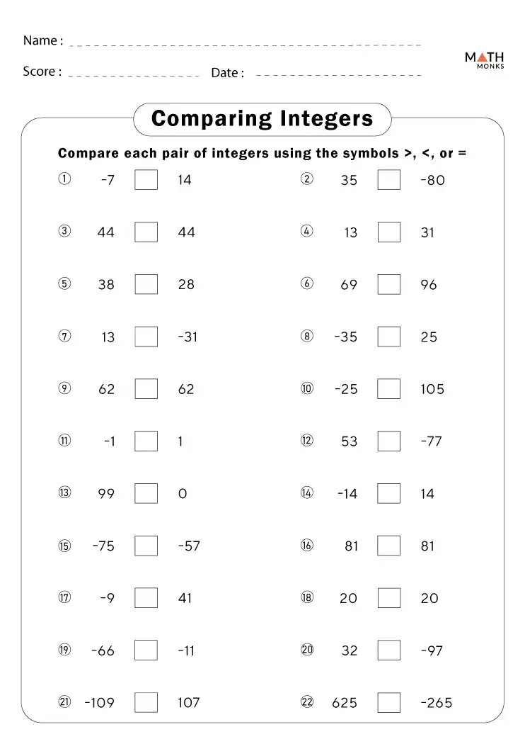 assignment on integers for class 7 with answers