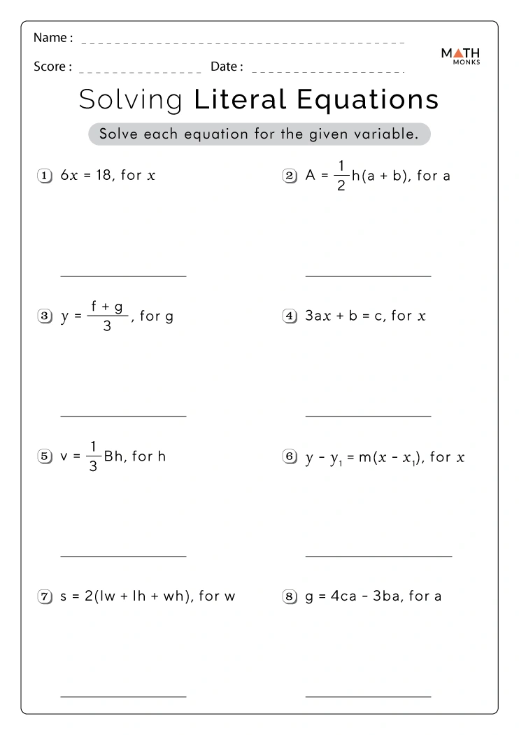 Literal Equations Worksheets Math Monks