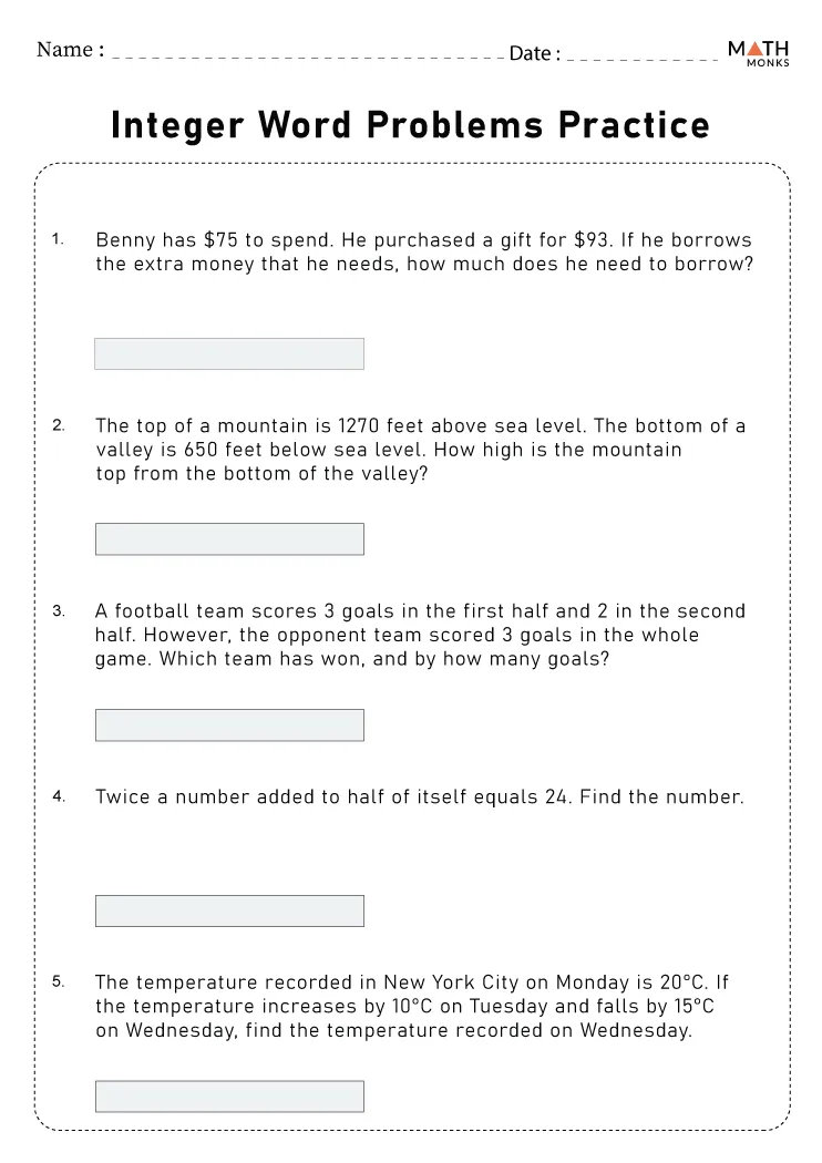 Integer Word Problems Worksheet With Answers Class 7
