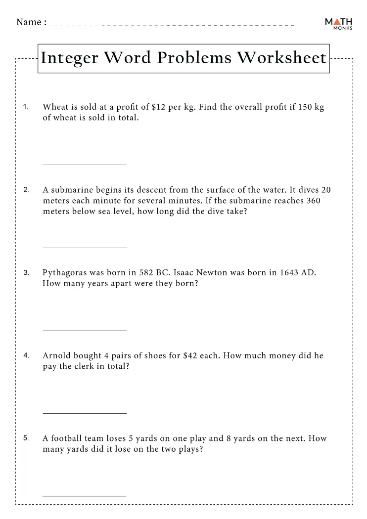 Integer Word Problems Worksheet With Answers 6th Grade