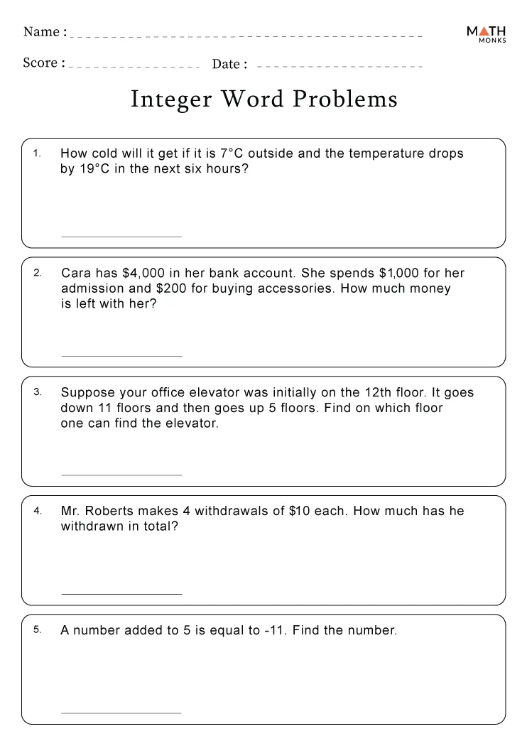 Integer Word Problems Worksheets Math Monks