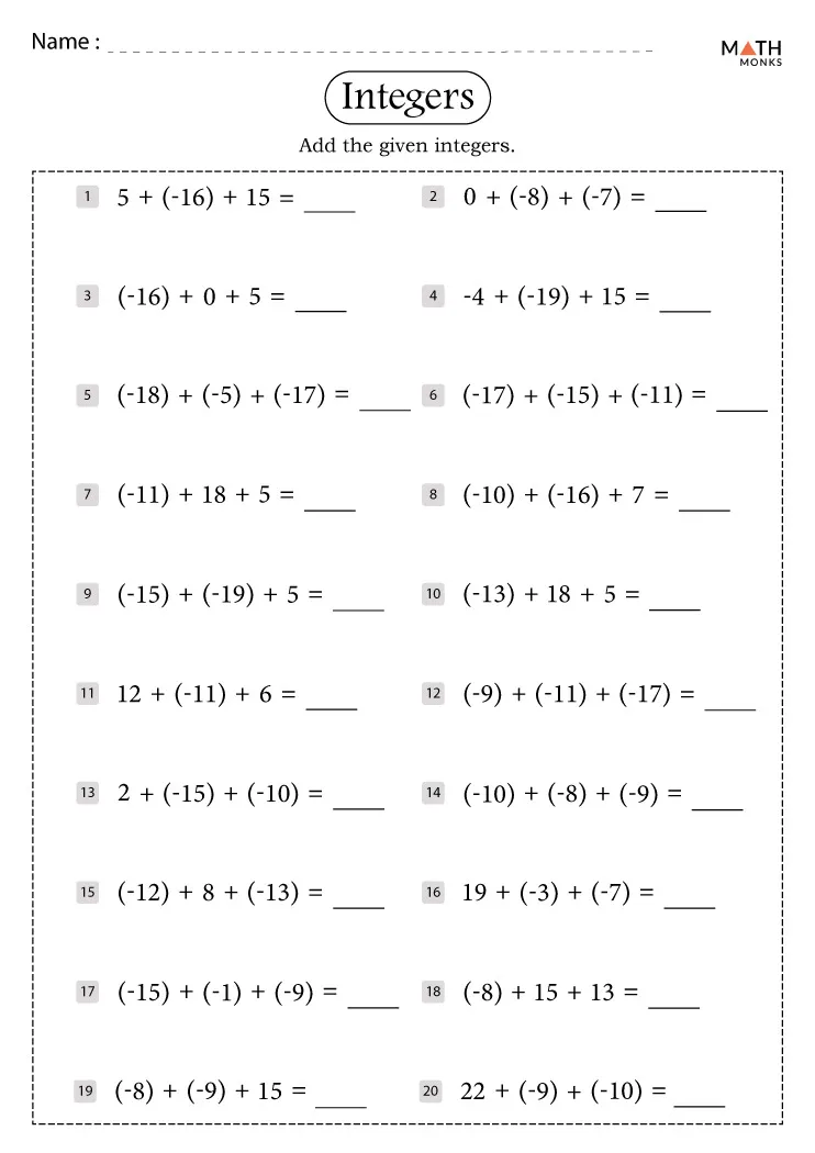 6th grade math integers worksheets pdf