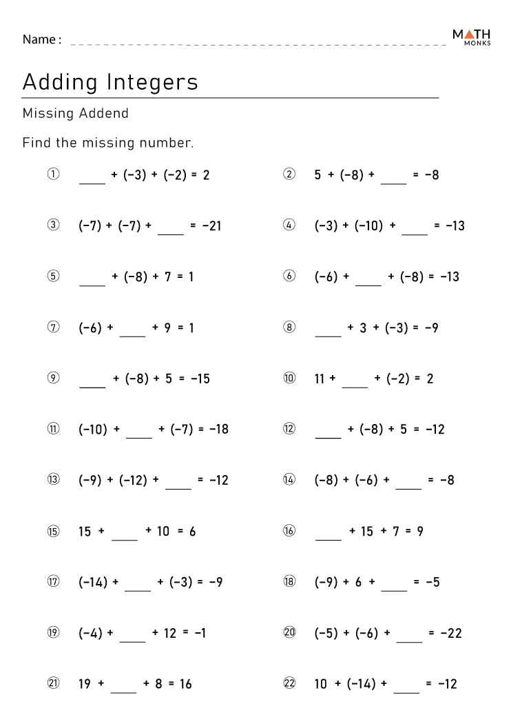 Integers Worksheets For Grade 6 Math Monks