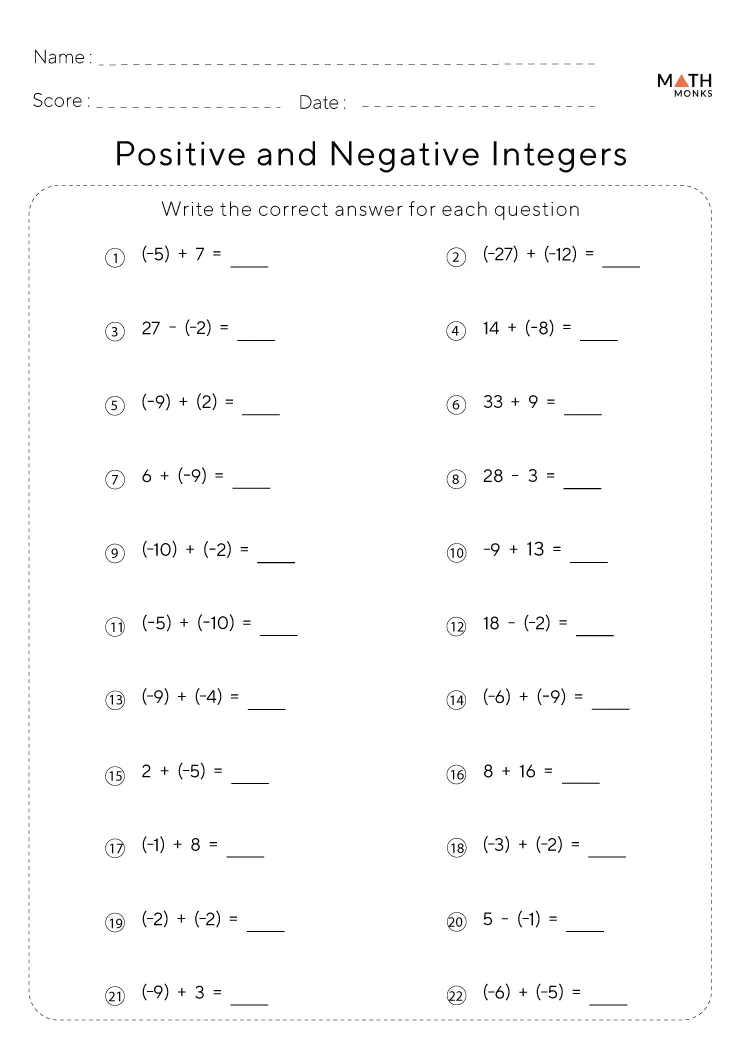 Negative Numbers Worksheets - Printable Worksheet on Negative