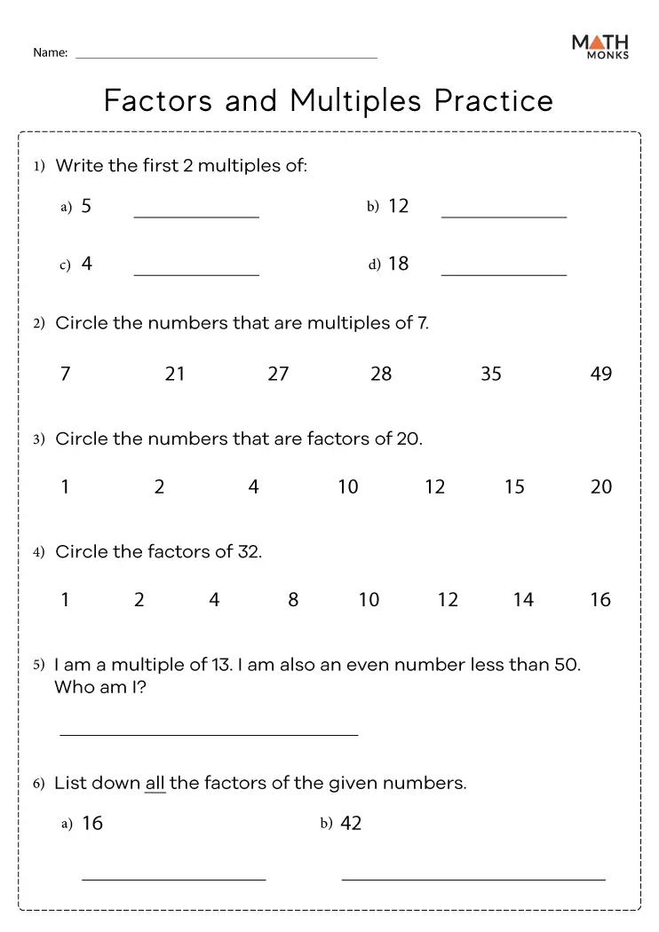 Factors and Multiples Worksheets - Math Monks