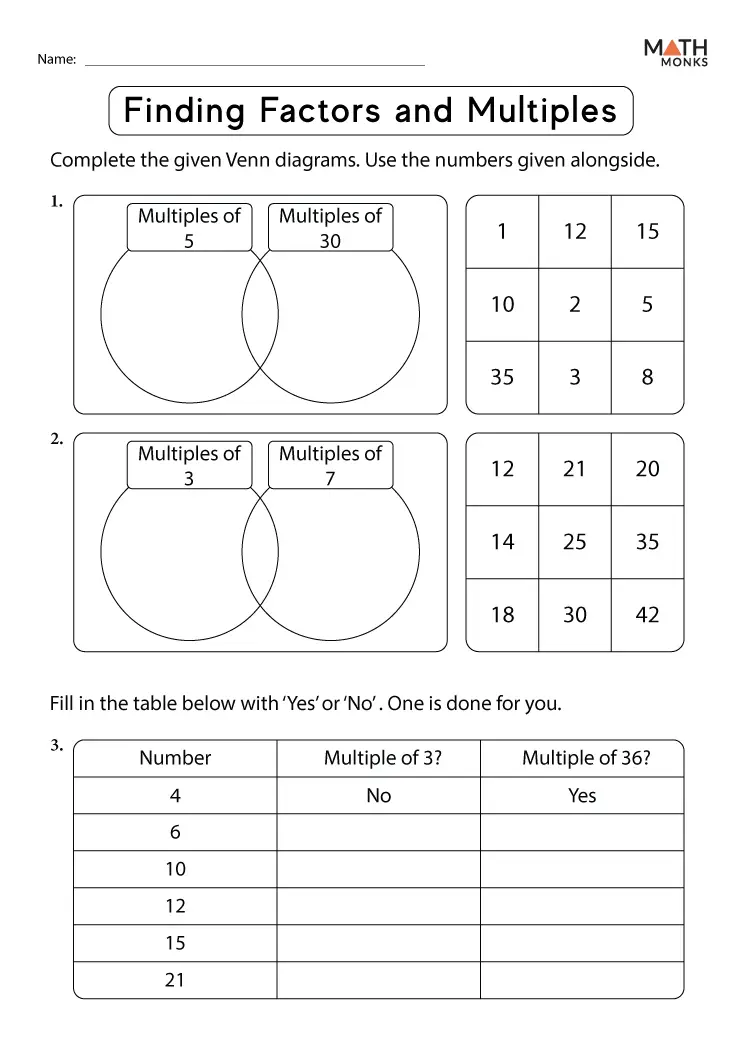 Factors And Multiples Worksheets Math Monks
