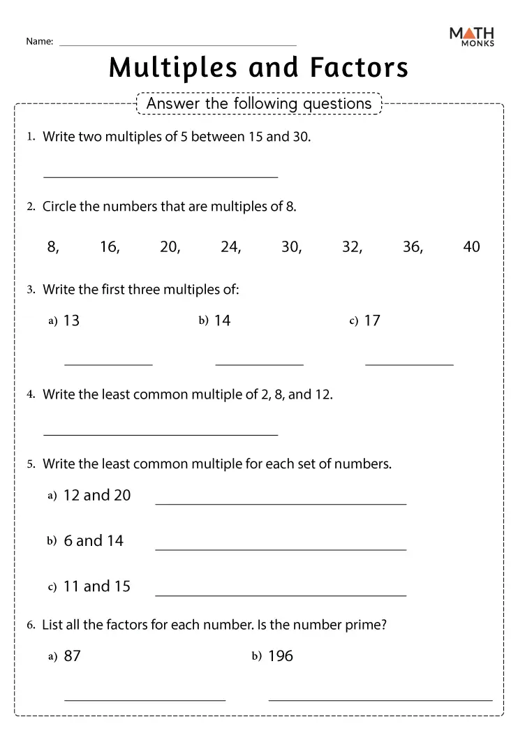 Factors And Multiples Worksheets Math Monks