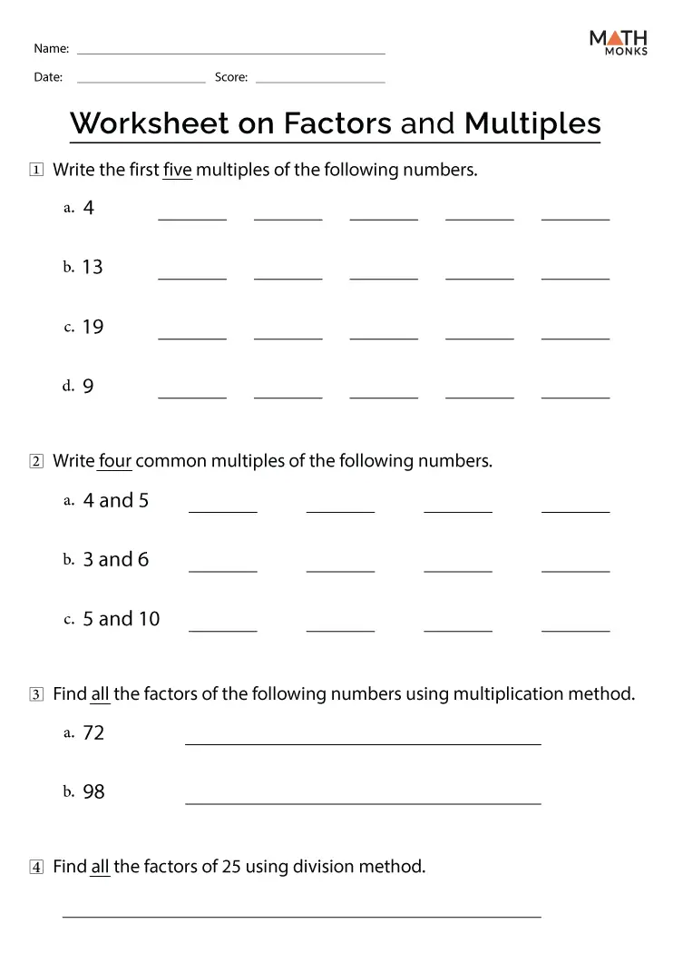 Factors And Multiples Review Worksheet