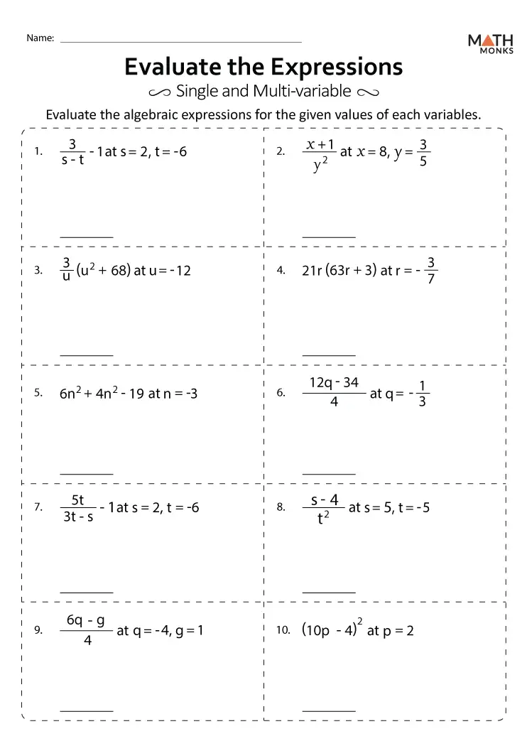 7th Grade Algebraic Expressions Worksheets Math Monks