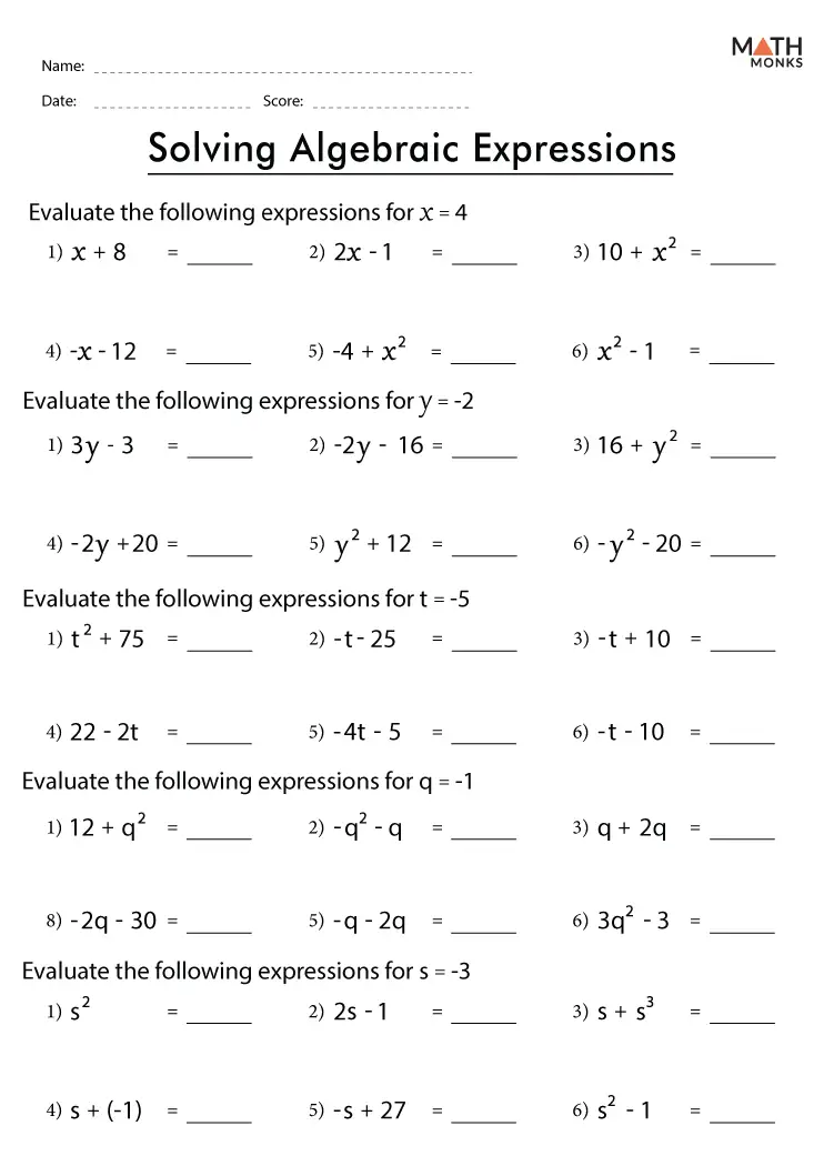 6th Grade Algebraic Expressions Worksheets Math Monks