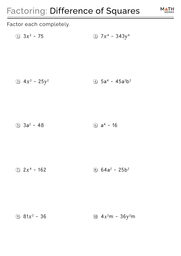 Factoring Difference of Squares Worksheets - Math Monks