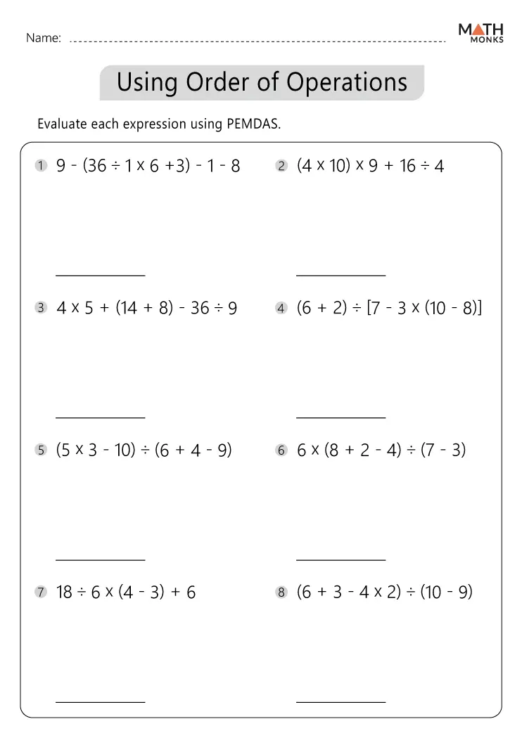 Order Of Operations Worksheets Math Monks