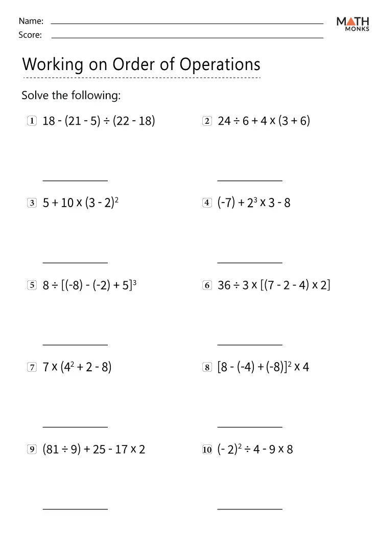 Order Of Operations Worksheets Math Monks