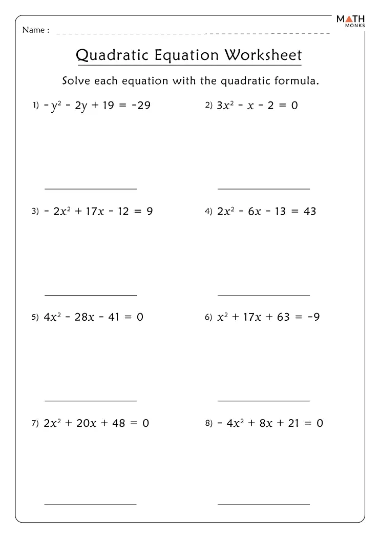 Quadratic Formula Worksheets Math Monks