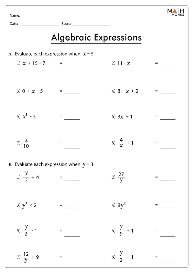 Algebraic Expressions Worksheets - Math Monks
