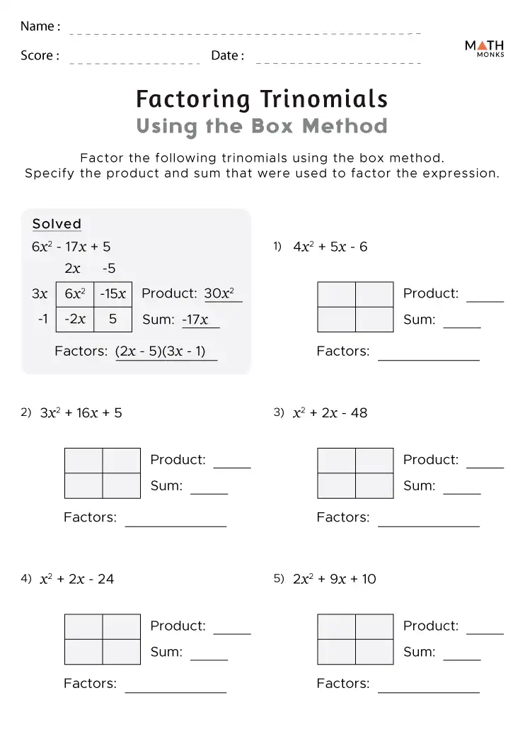 Factoring Trinomials Worksheets Math Monks