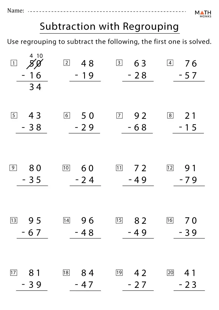 Subtraction With Regrouping Worksheets Math Monks