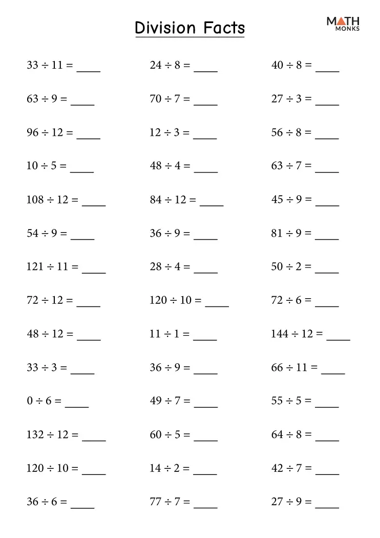 Division Facts Worksheets Math Monks