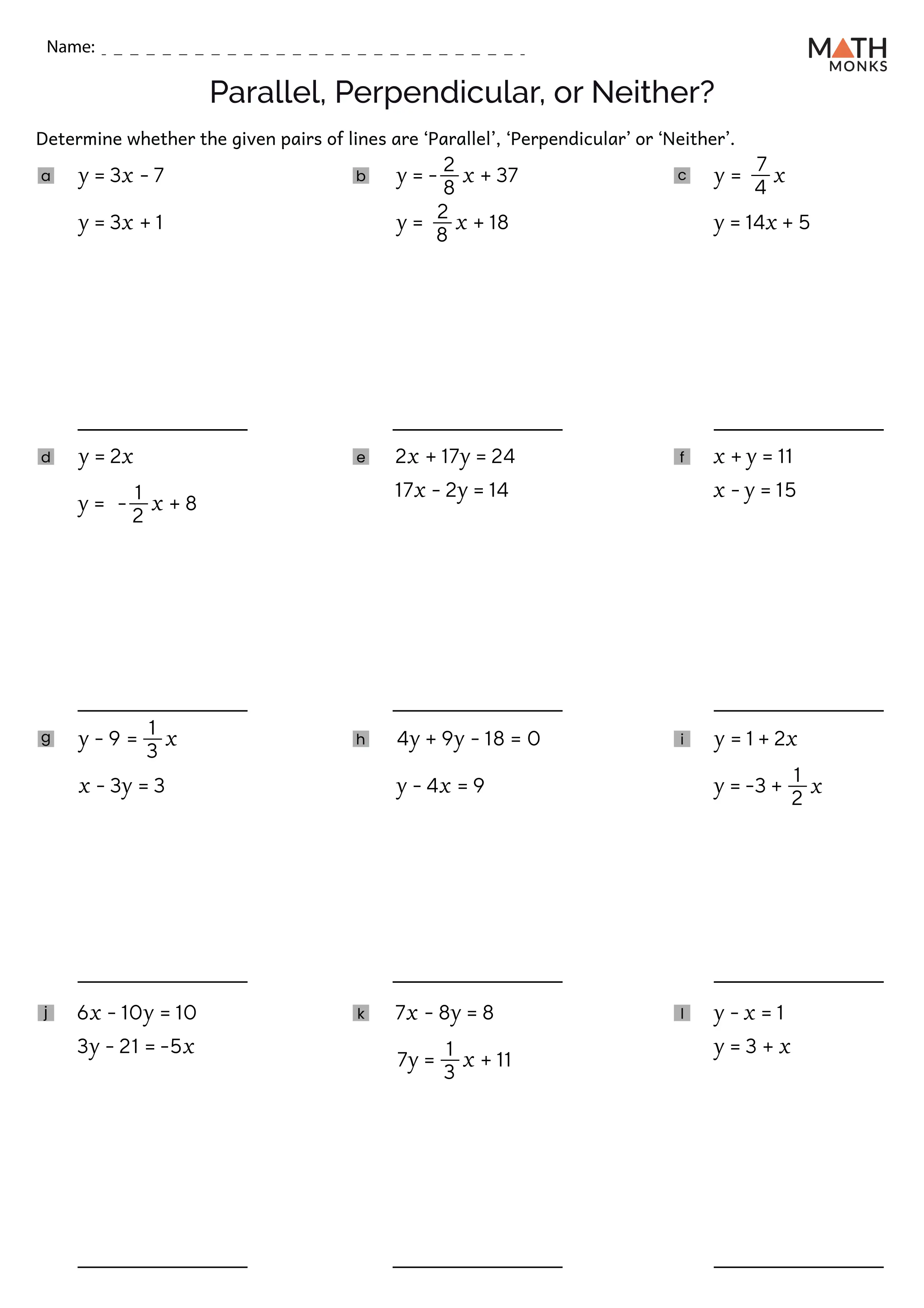 Parallel And Perpendicular Lines Worksheets Math Monks